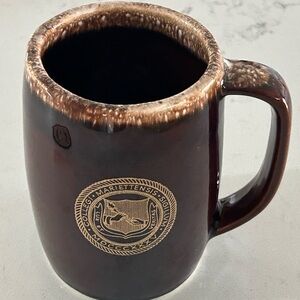 Vintage Hall Pottery Marietta College Mug w/felt Patch. 5”Tall by 3-1/4” wide